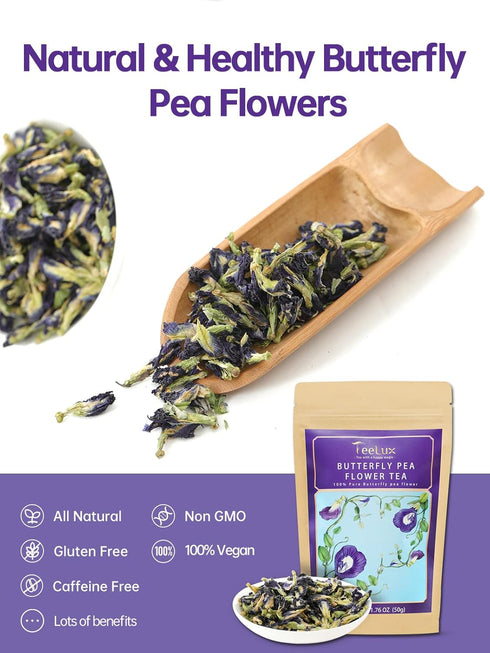 1.76 Oz TeeLux Butterfly Pea Flower Tea, Non-GMO, Pure Natural Butterfly Pea Tea, Premium Dried Butterfly Pea Flower
