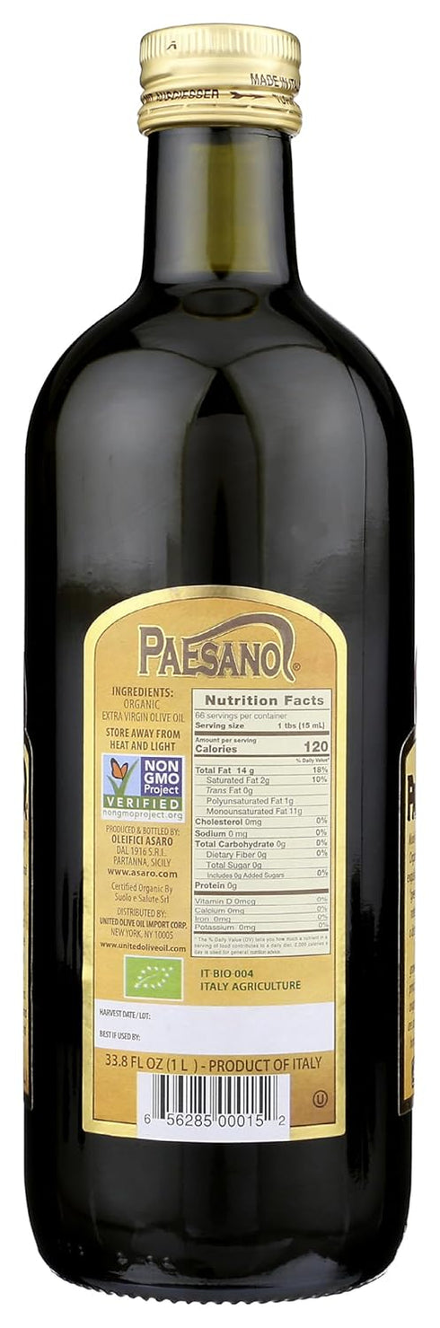 33.8 Oz Paesanol ORGANIC UNFILTERED Extra Virgin Olive Oil Fl Glass