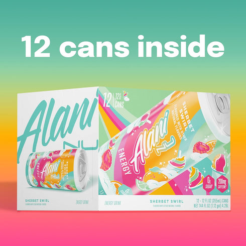 200mg 10 12 Oz 12 Pack Alani Nu SHERBET SWIRL Sugar Free, Low Calorie Energy Drinks, Caffeine, Biotin B Vitamins, Zero