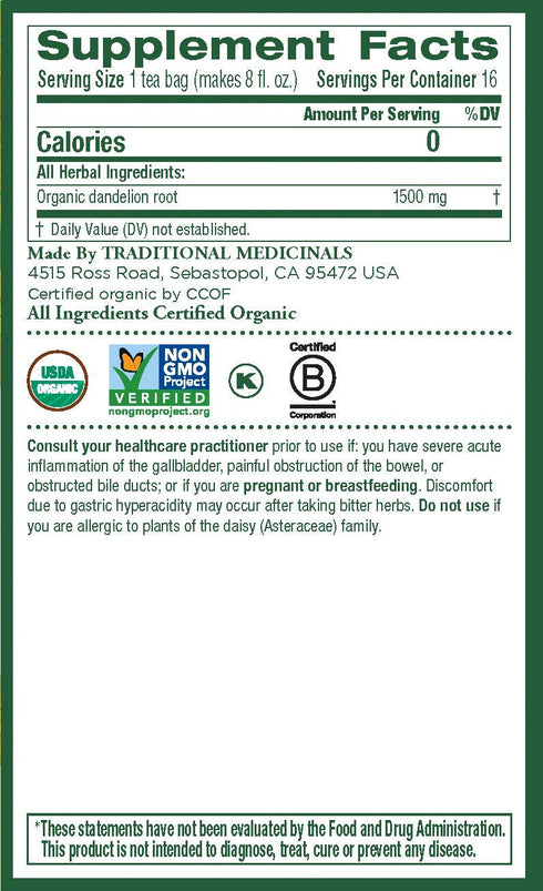 16 6 Traditional Medicinals Organic Roasted Dandelion Root Herbal Wrapped Tea Bags - ct - pk