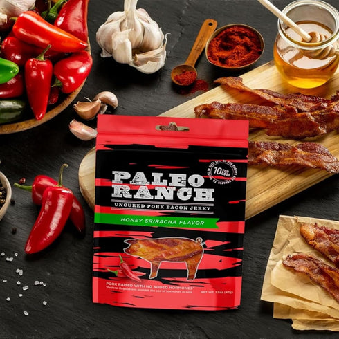 1.5-oz. (Pack 4) PALEO RANCH Uncured Bacon Jerky, Honey Sriracha, No Added Hormones, No Preservatives, Pouches