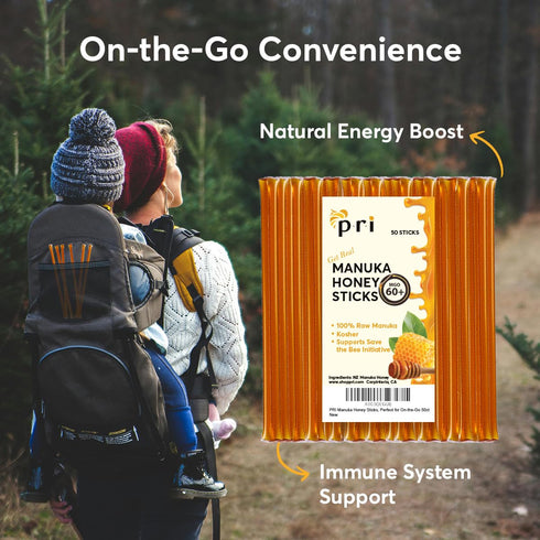 60+, 50 count P.R.I Manuka Honey Sticks, Certified MGO Raw New Zealand Manuka Honey, Perfect for On-the-Go
