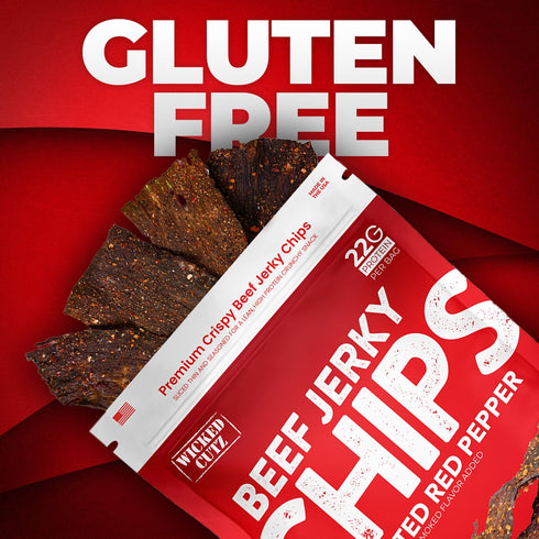 22g (2 Wicked Cutz Roasted Red Pepper Beef Jerky Chips, Protein per Bag, Crispy & Crunchy Beef Jerky Crisps, USA Made