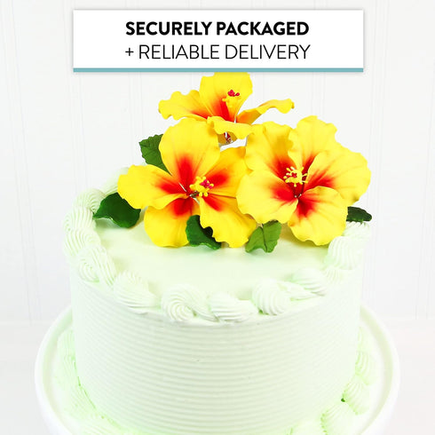 3 Count Global Sugar Art Hibiscus Sugar Cake Flowers, Yellow with Red, with Leaves by Chef Alan Tetreault
