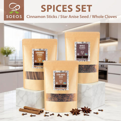 Set, 12 oz (4 oz Soeos Cinnamon Sticks, Whole Cloves, and Star Anise, Bulk Spices Total Each), Premium Whole Spices
