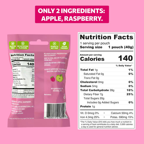 Gummy 12-Pack (480g), Bob Snail Fruit Bites Apple Raspberry flavor, Real Fruit Snacks with No Added Sugar, Vegan