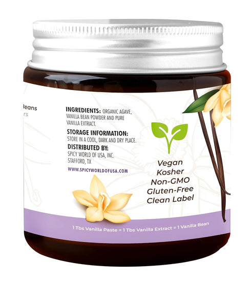 Spicy World 4oz 100% Vanilla Bean Paste Jar - All Natural & Pure - Made with Organic Agave Syrup - For Cooking, Baking