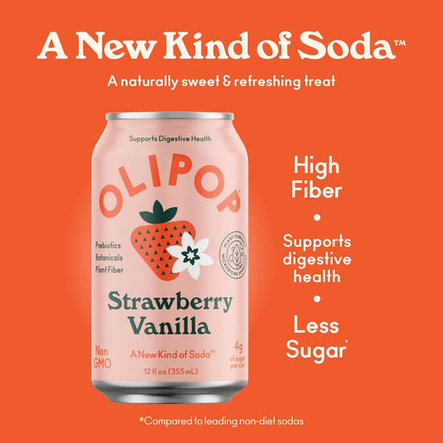 Pack Packed Free,12oz,(Pack 24) OLIPOP Prebiotic Soda Pop,Strawberry Vanilla,Pantry with Prebiotics,Fiber