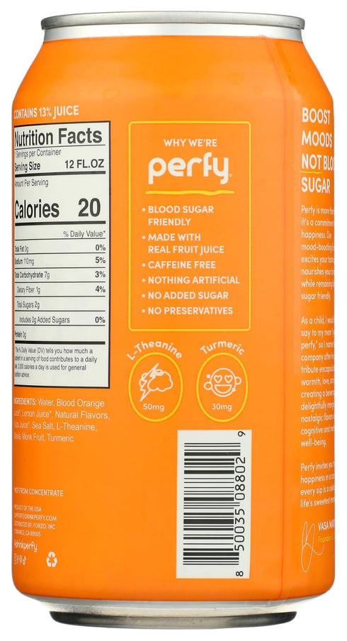 12 Pack PERFY Soda Superfood Nootropic Soft Drink | All Natural Soft Drink Made With Real Fruit Juice, L-theanine