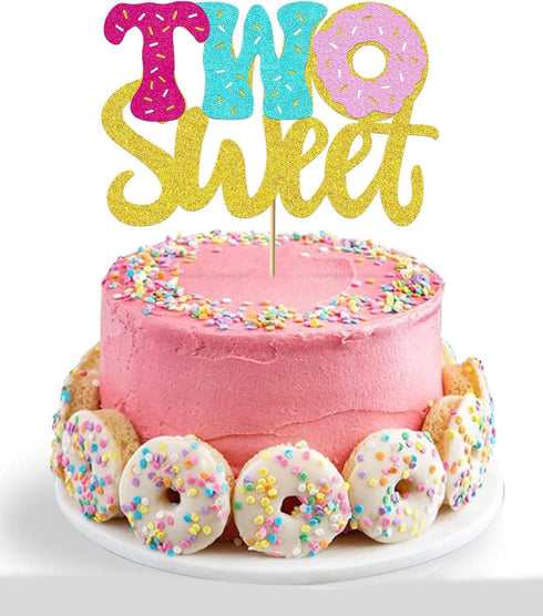 VIVIFORKY Donut Sweet Two Cake Topper Glitter Theme Sencond Happy Birthday Decorations for Girl Boy Baby Shower Party