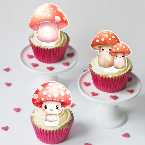 iPartyFun 48Pcs Summer Mushroom Theme Cupcake Toppers mushroom Birthday Party Decorations Woodland Cake Topper