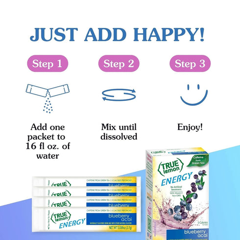 6ct (Pack 1) True Lemon Blueberry Acai of - Energy Drink Powder Mix - Sugar Free Energy Drinks