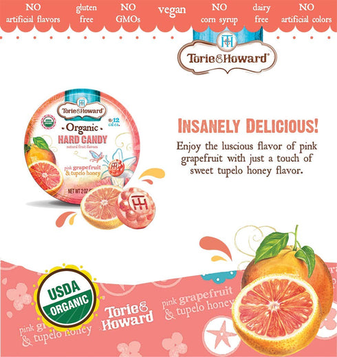 Torie and Howard Organic Hard Candy Tin, 2 Ounce, Pink Grapefruit and Tupelo Honey Flavor