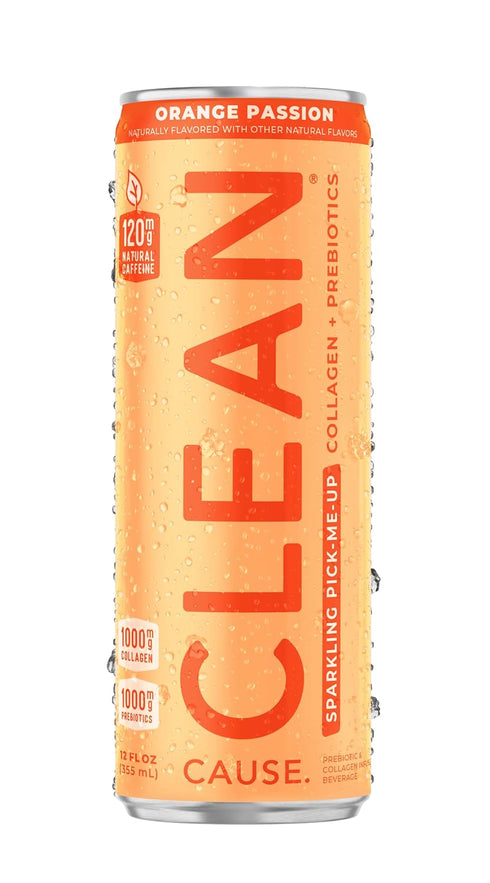 (12oz 12-Pack 120mg CLEAN Cause Orange Passion Sparkling Pick-Me-Up with Prebiotics & Collagen Peptides cans, Case) Low