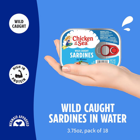 3.75 oz 18-Count Chicken of the Sea Wild Caught Sardines in Water, Cans, High Protein Nutritional Powerhouse Canned
