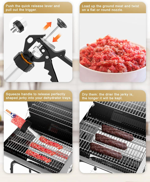 4 Nozzles, 2 XINQIAO Beef Jerky Gun for Ground Meat, Plastic Jerky Cannon Comes with Brushes