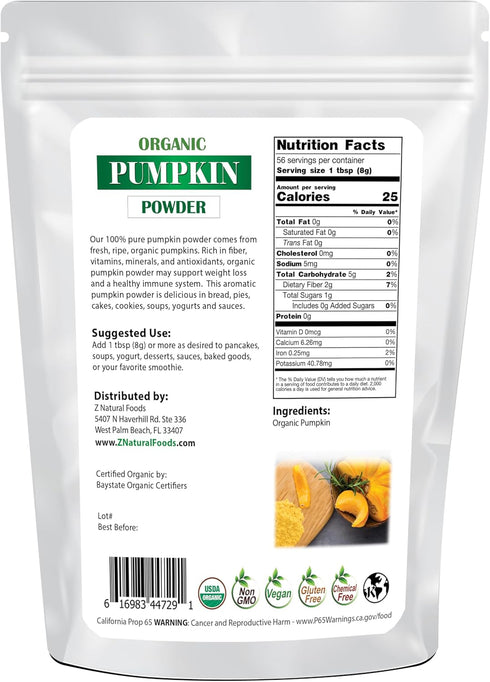 Z Natural Foods Organic Pumpkin Powder - Make Delicious Pumpkin Spice Lattes Coffee - Plant Based Superfood Supplement For Cooking Baking Recipes - Raw, Vegan, Non GMO, Gluten Free, Kosher - 1 lb Size