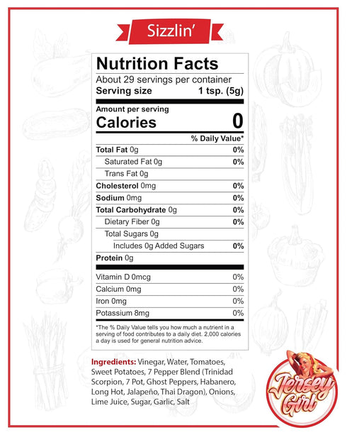 Jersey Girl Sizzlin' No Sodium/Salt Free Hot Sauce, 5oz (Spicy), Made with Scorpion & Ghost Pepper