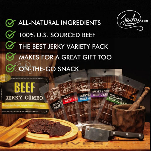 (5 2.5 oz. Jerky.com Beef Jerky Combo - Featuring Flavors Hot, Teriyaki, Original, Sweet & Spicy, Black Pepper