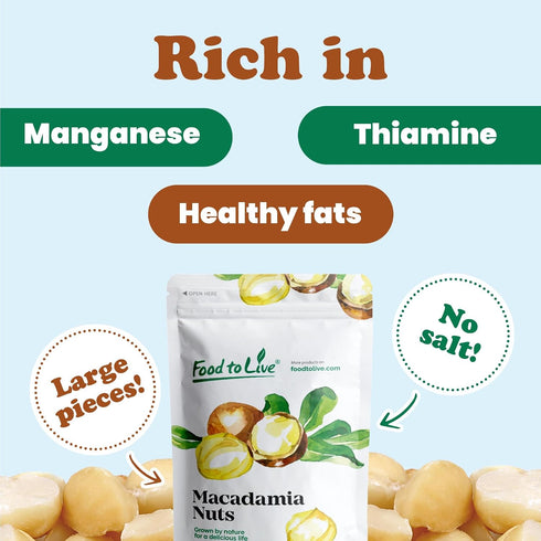 2 Food to Live Macadamia Nut Halves & Pieces, Pounds Raw, Shelled, Unsalted, Kosher, Vegan, Bulk. Keto Snack. Good