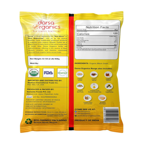 2lb Darsa Organics Split Urad Dal (Chilka) - Organic Black Gram Lentils with Skin - USDA Certified, Non-GMO