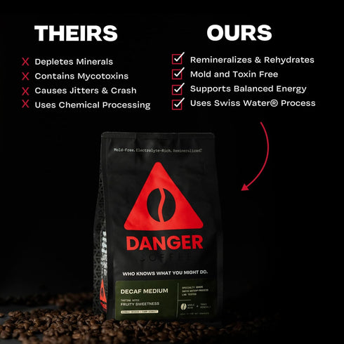 10.9 Danger Coffee by Dave Asprey, Remineralized, Mold Free & Lab Tested Swiss Water Decaf Whole Bean Coffee, Medium
