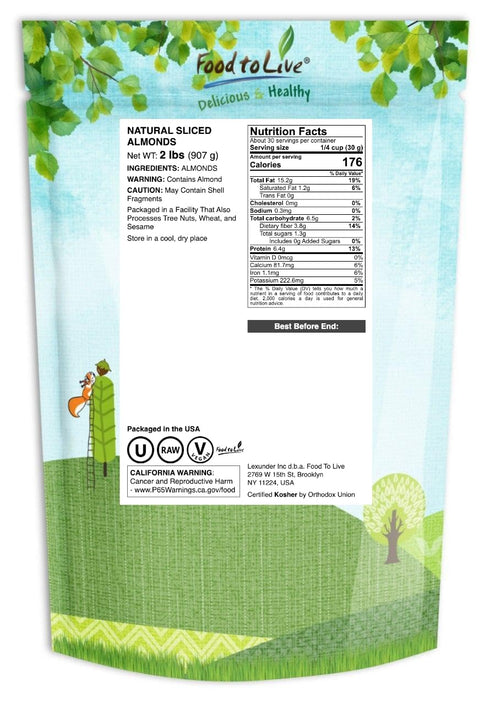 2 Food to Live California Natural Sliced Almonds, Pounds Raw Unblanched Almond Nuts, Kosher, Vegan, Keto, Bulk. High