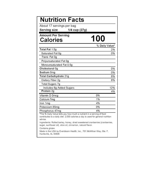 3 Pack 1lb Burl Barley Granola, Cranberry Granola, of Bags, Whole Grain Barley Cereal, Granola with Dried Cranberries