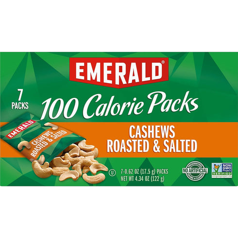 100 Packs, 7 4.34 Oz (Pack 2) Emerald Nuts, Cashews Roasted & Salted, Calorie Ct