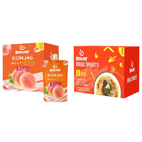 KONJOY Konjac Jelly & Spaghetti Noodle Bundle, Peach Drinkable Jelly (12 Pouches)