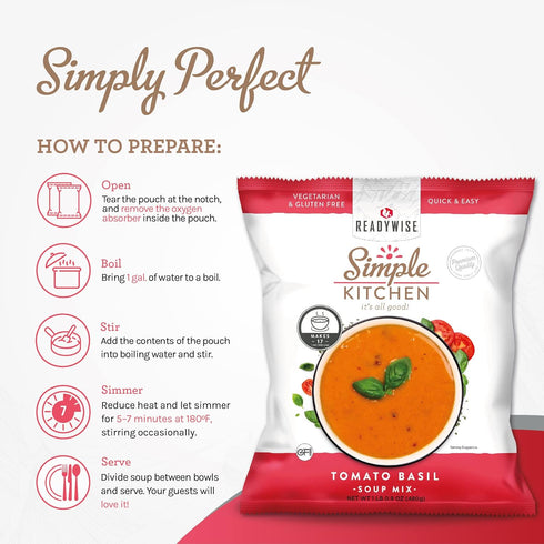 17 1 Pack READYWISE - Simple Kitchen, Tomato Basil Soup, Servings, MRE, Gluten Free, & Vegetarian, Food, Soup Mix