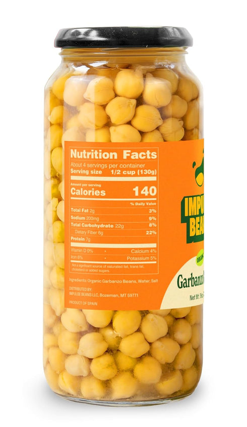 Impulse Beams 100% 3 19 Oz Impulse Beans Organic Garbanzo Beans - ingredients - Recyclable, resealable glass jars