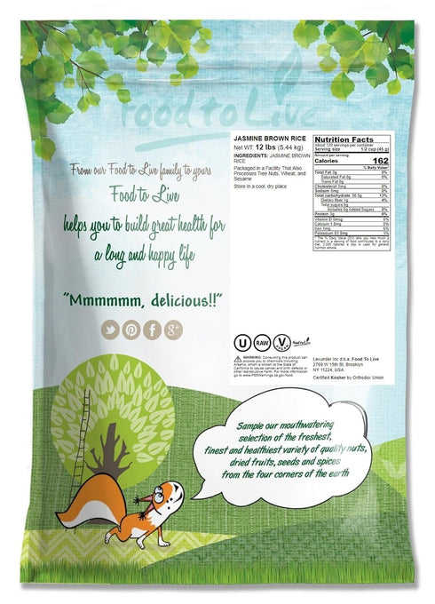 12 Food to Live Jasmine Brown Rice, Pounds Whole-Grain and Long-Grain Thai Rice, Vegan, Kosher, Bulk. Higher in Fiber