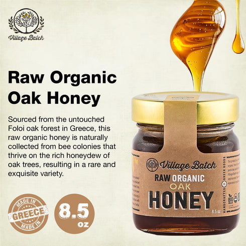 8.5oz (Pack 1) Village Batch Raw Organic Oak Honey Jar of from Foloi Oak Forest, Dark Amber, Rich Caramel and Toffee