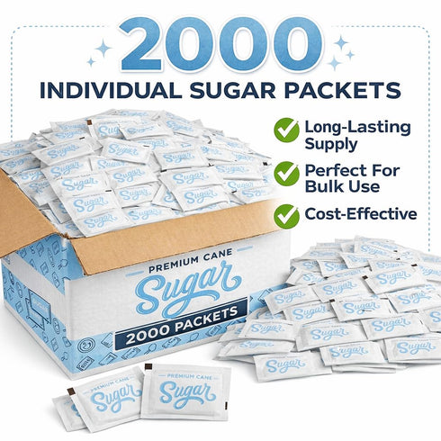 Generic Packets, 2000 Count Premium Cane Sugar Individually Wrapped, Bulk, for Coffee, Tea, Office, Restaurant