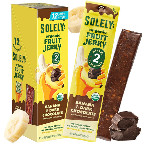 SOLELY 12 0.8 oz (23 Organic Fruit Jerky, Banana with Cacao, Strips, g) Each