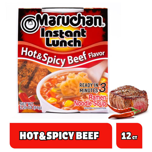 2.25 Oz Pack 12 Maruchan Instant Lunch Ramen Noodles, Hot & Spicy Beef Flavor Japanese-Style Instant Noodle Soup, Quick