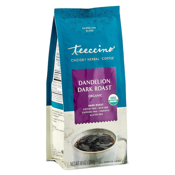 Teeccino Dandelion Dark Roast Herbal Coffee, Caffeine-Free Alternative with Prebiotics, 10 oz