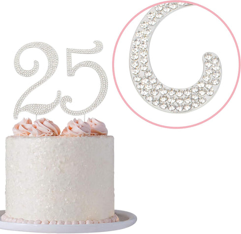 25 Cake Topper - Premium Silver Metal - 25th Birthday or Anniversary Party Sparkly Rhinestone Decoration in Box