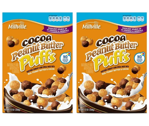 Millville Cocoa Peanut Butter Puffs Sweetened Crunchy Corn Cereal Made with Real