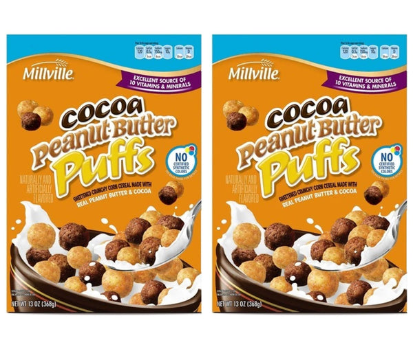 Millville Cocoa Peanut Butter Puffs Sweetened Crunchy Corn Cereal Made with Real