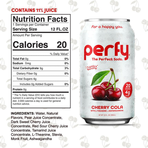 12-Pack PERFY Caffeine Free Cherry Cola Soda | Made With Real Juice Low Sugar Nootropic Drink with L-Theanine +