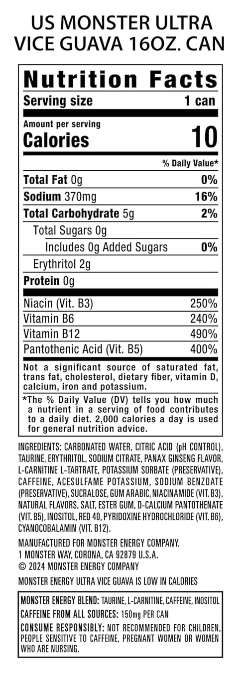 16 (Pack 15) Pack 15 Monster Energy Ultra Vice Guava, Sugar Free Energy Drink, Ounce of |