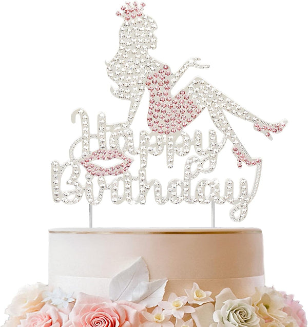 LINGTEER Happy Birthday Crown Queen Lady Rhinestone Cake Topper - Pink Cake Centerpieces Decorations Gift Sign for