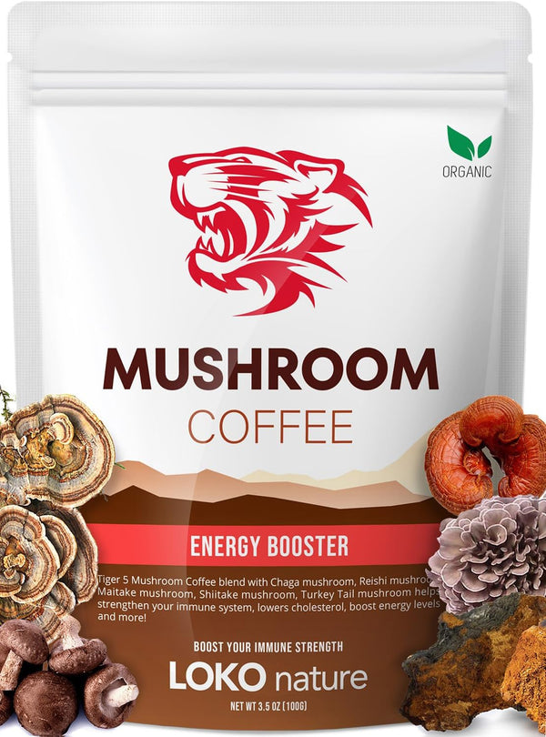 LOKO nature Tiger Organic 5 Mushroom Instant Coffee 30 Servings with 100% Arabica |