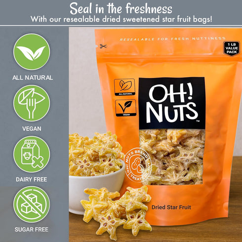 1 lb Packed Oh! Nuts Dried Star Fruit - Sweetened Dried Starfruit Slices - Star Fruit Fresh in NY Zip-Seal Bag