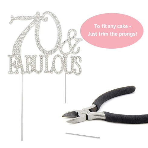 70th Birthday Party Cake Topper - Premium Silver Metal, Sparkly Rhinestone Decoration, 70 and Fabulous, Great