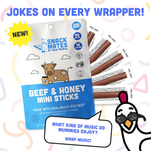 4g 50 40 Pack New Primal Snack Mates Beef & Honey Sticks, Healthy Snacks for Kids, Low Sugar High Protein Back
