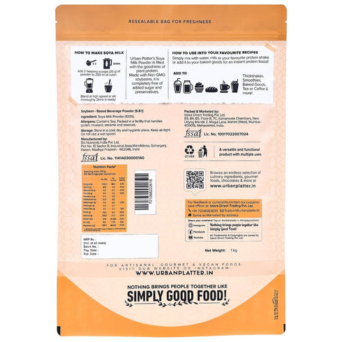 35.27 Oz (1kg) 49% Urban Platter Soya Milk Powder | | Plant Protein | Unflavored Soy Milk for Coffee, Tea, Smoothies