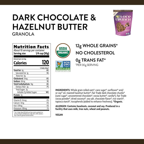 10.6 oz (Pack 6), Love Crunch Organic Dark Chocolate & Hazelnut Butter Granola, of Non-GMO, Fair Trade, by Nature's